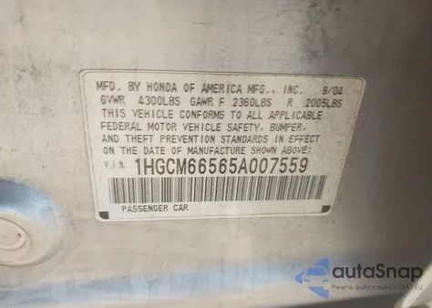 2005 Honda Accord 3.0 Ex from USA, damaged, VIN 1HGCM66565A007559